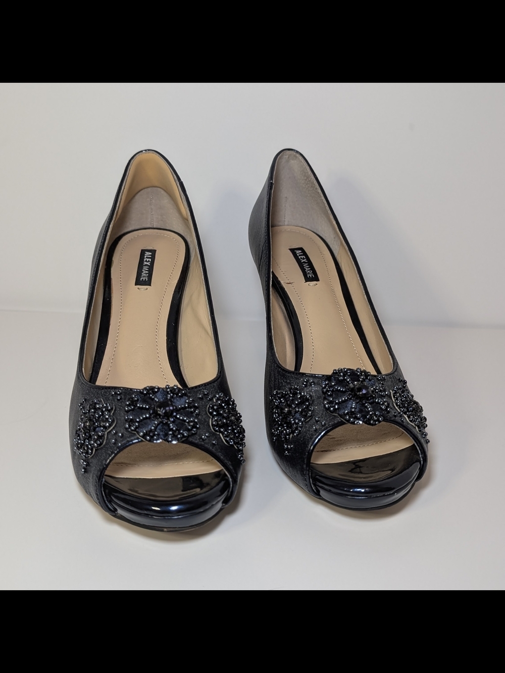 Alex Marie Lauren Peep Toe Pumps Navy Blue Sparkle Beaded Heels Women’s Size 7.5